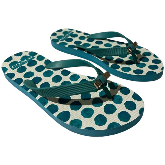 Coach Flip Flops Women Size 5/6 Green Dot Bow Flat Slip On Thong Sandal New York - Picture 4 of 16